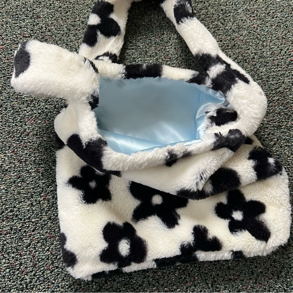 Fuzzy Furry Soft Black & White Floral Cow Print Medium Casual Shoulder Tote Bag - Picture 14 of 16